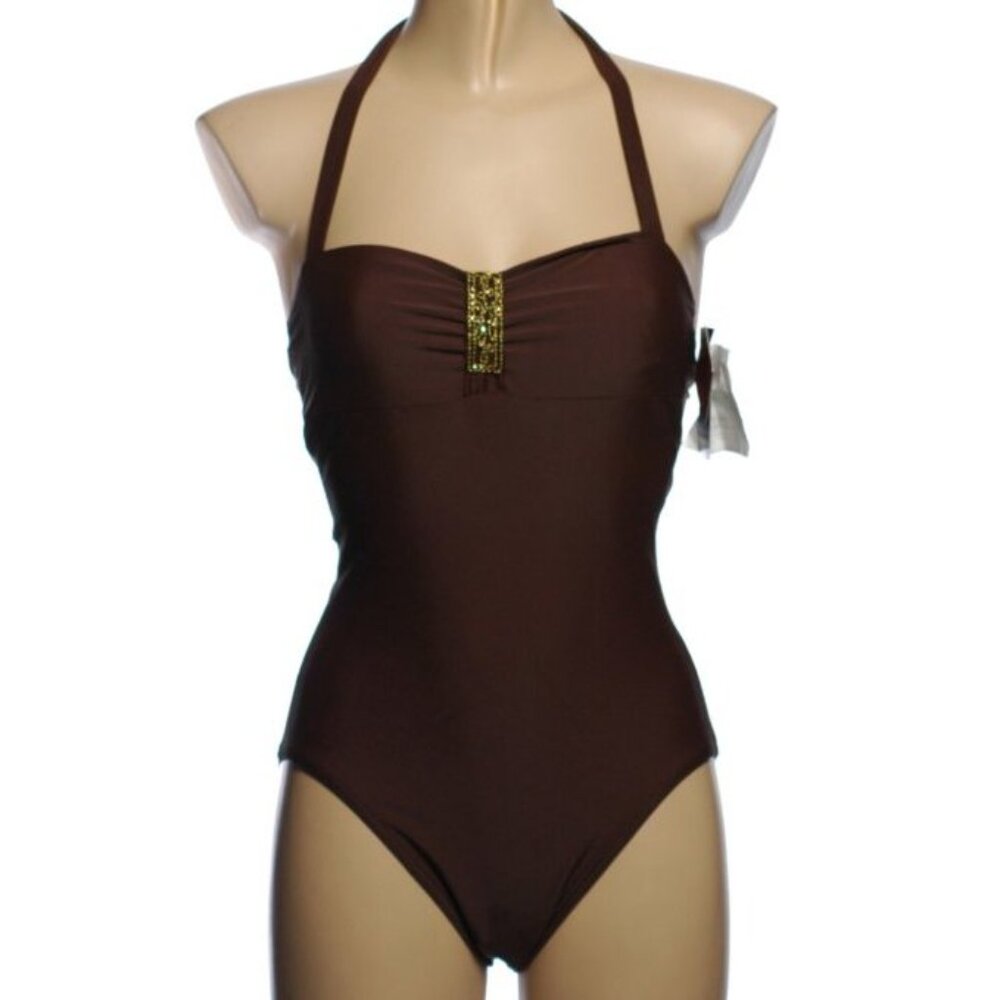 Style & Co Brown Beaded 1 Piece Swimsuit - Sz 8 - NEW